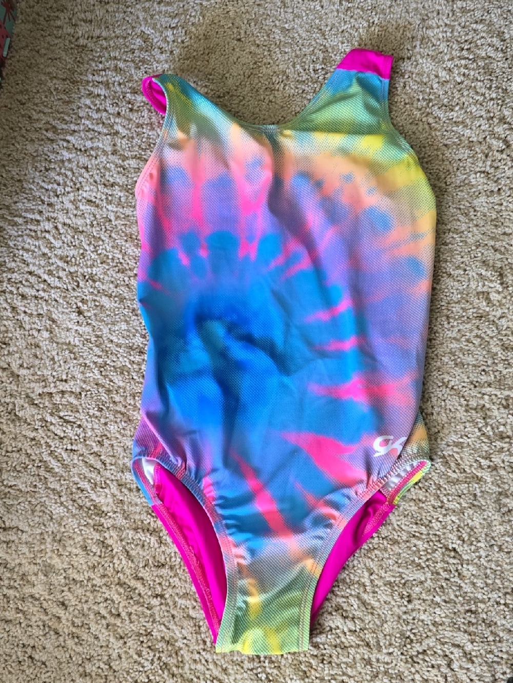 GK adult medium leotard Neon Tie-Dye with Pink Trim